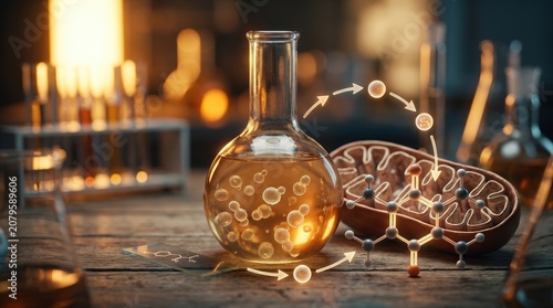 Yeast cells in a fermentation flask sit beside a mitochondrion model, a quinone ring molecular structure, and linked pathway arrows. Warm amber liquid, microscope slide, and enzyme-linked metabolite