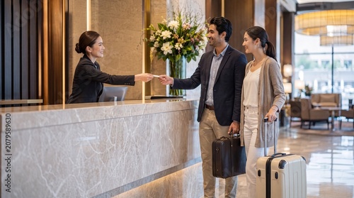 A professional hotel receptionist hands a key card to a smiling couple arriving for their stay in a stylish, upscale modern hotel lobby.