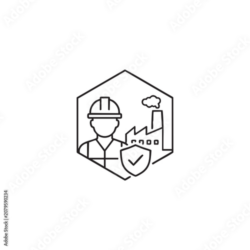 Construction Worker with Factory and Safety Shield Line Icon, Industrial Workplace Protection Outline Vector Illustration