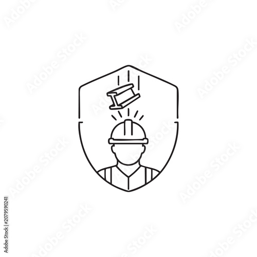 Construction Worker Safety Shield Line Icon with Falling Hazard, Workplace Protection, Industrial Outline Vector Illustration