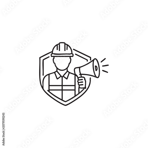 Construction Worker with Megaphone Inside Shield Line Icon, Safety Protection, Industrial Security, Outline Vector Illustration