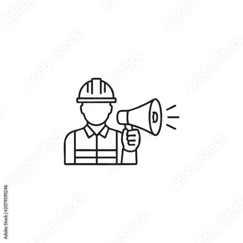 Construction Worker Holding Megaphone Line Icon, Safety Announcement, Industrial Communication, Outline Vector Illustration