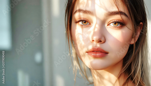 Golden Sunlight Portrait of Young Woman With Soft Makeup and Dreamy Gaze.