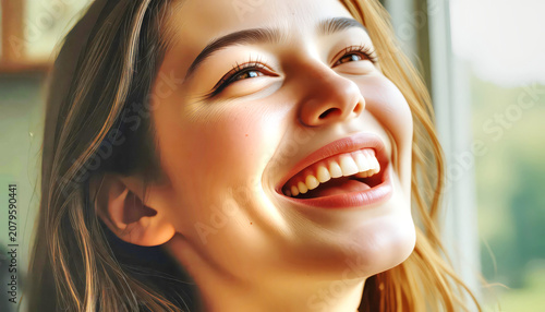 Joyful Young Woman Laughing With Bright Smile Near Window Natural Light Portrait Of Happiness.