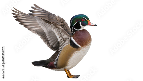Bild auf Leinwand Isolated adult male wood duck displaying vibrant iridescent plumage with wings p