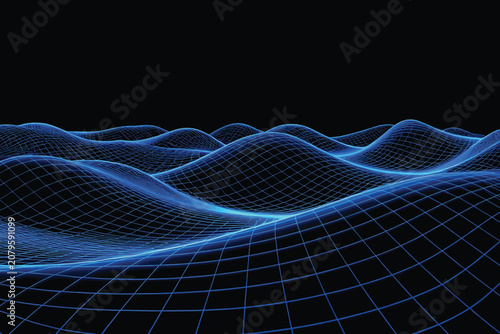 Dark abstract 3d wireframe landscape with glowing blue grid waves.