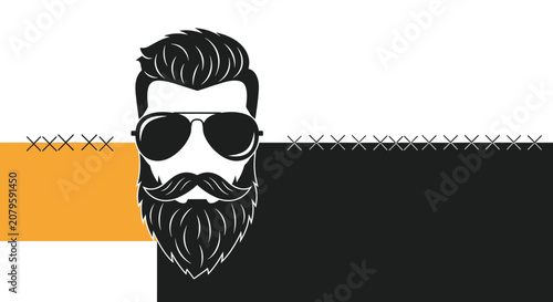 Modern graphic illustration of a bearded man wearing cool black sunglasses on a black and white background.