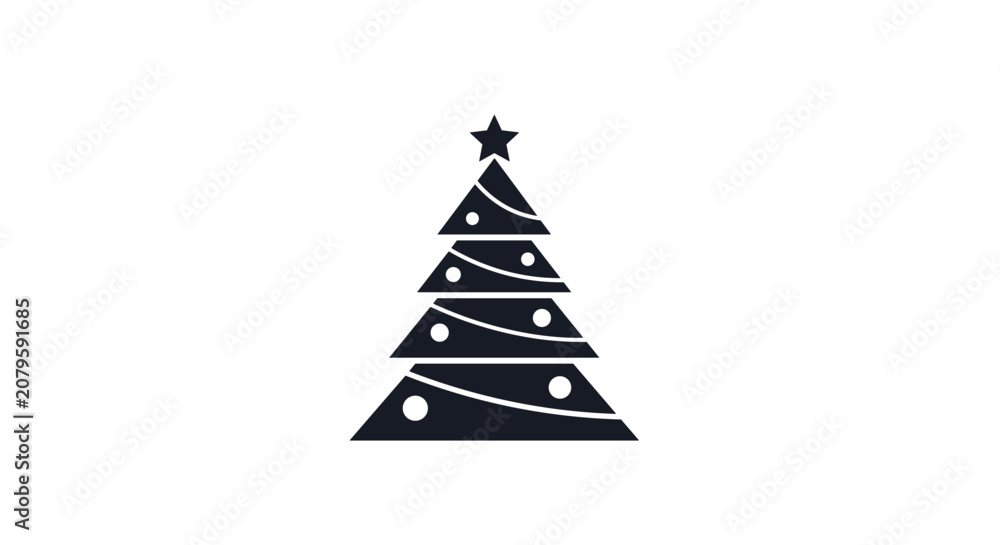 Fototapeta premium Minimalist black silhouette of a decorated Christmas tree is topped with a star and features simple circular ornaments.