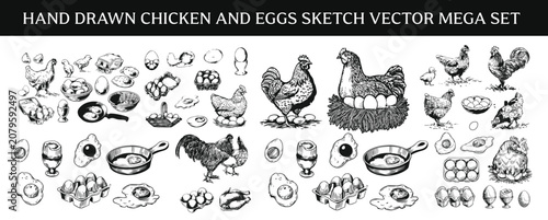 Quadro su tela Hand drawn chicken and eggs sketch vector mega set, vintage engraving line art poultry farm icons collection, cute rooster, hen on nest, and fried egg clipart isolated on white background