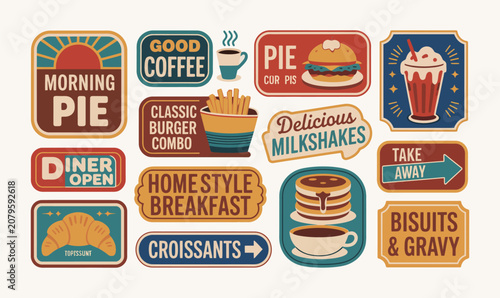 Retro Americana Signboard Set with Vintage Gas Station Route 66 and Diner Vector Logo Elements
