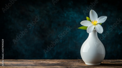 White ceramic vase with single elegant flower on dark teal background