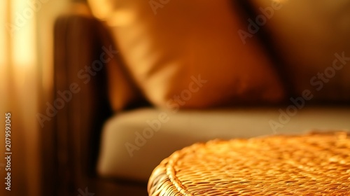Rattan wicker table with blurred warm cozy living room interior background