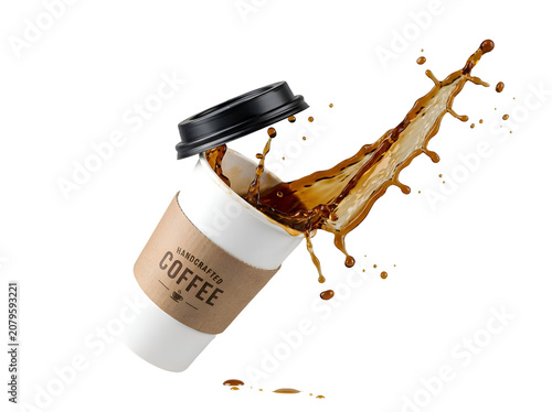 Bild auf Leinwand Splashing Hot Coffee Pouring from Paper Cup with Transparent Background