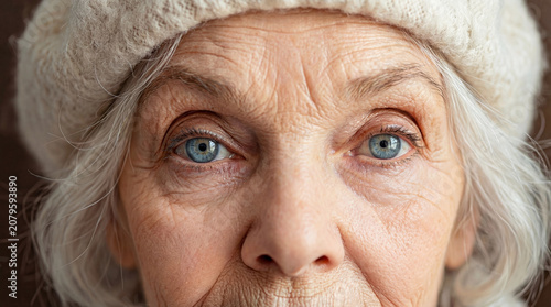 Close up portrait of senior woman with blue eyes