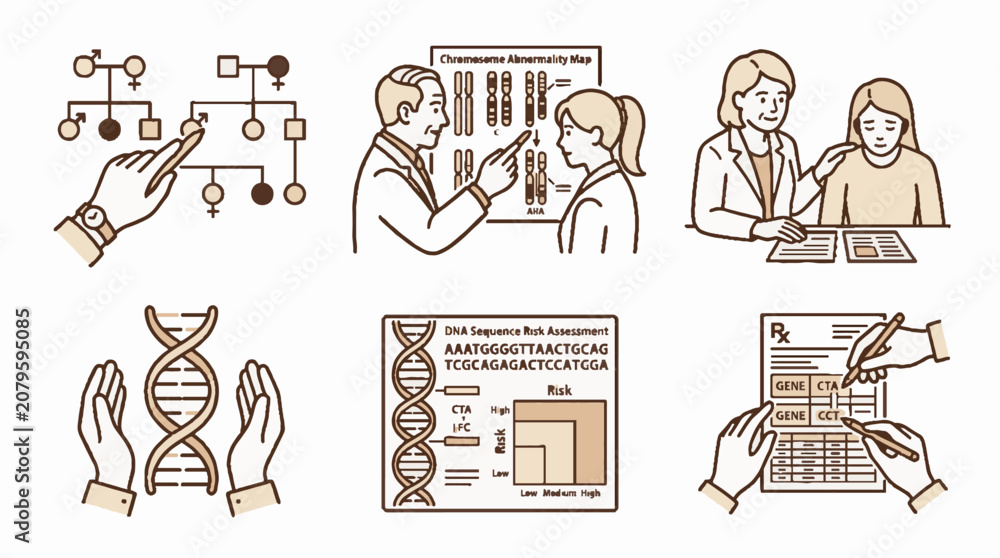 © Joko000 - Genetic counseling and medical testing vector illustration set showing DNA analysis and family pedigree charts in a minimalist line art style