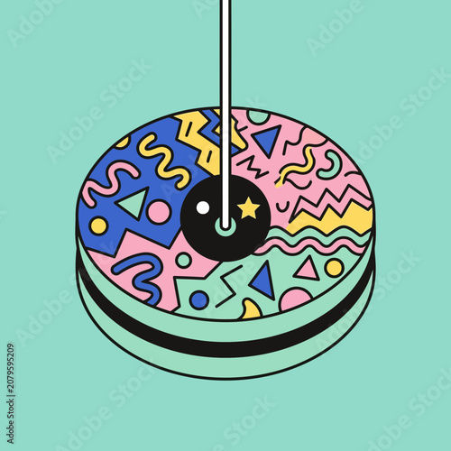 Retro pattern cake suspended by string, graphic illustration