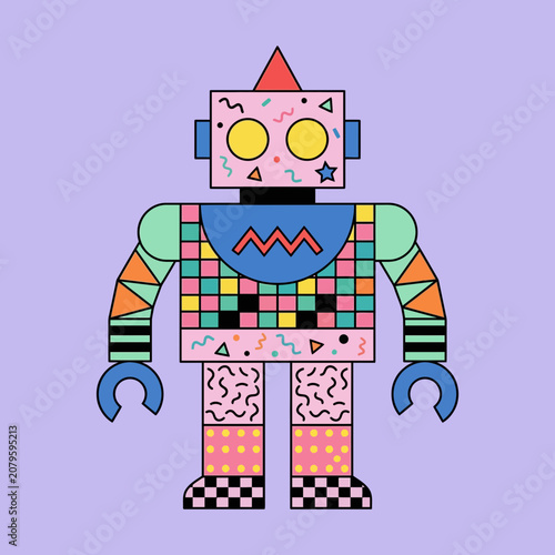 Retro Robot Toy Illustration with Memphis Design Elements