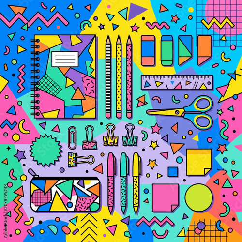 Retro School Supplies Collage with Abstract Geometric Background