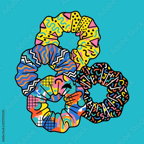 Retro Scrunchies with Memphis Design Patterns on Teal Background