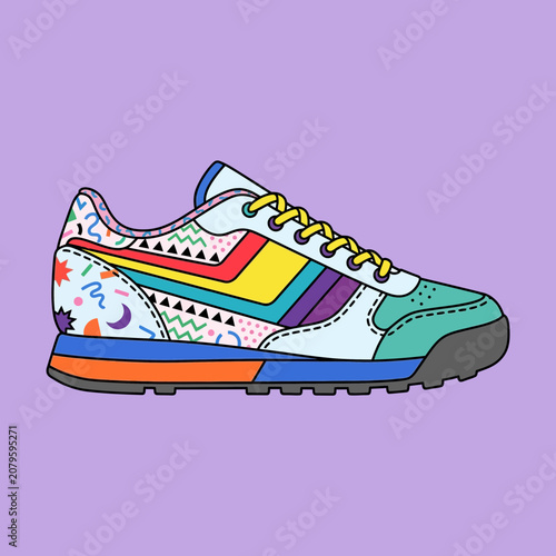 Retro sneakers with 80s geometric patterns and rainbow stripe