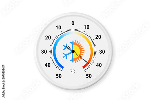 Circular celsius scale thermometer on a white background with soft shadow. Ambient temperature plus 43 degrees celsius