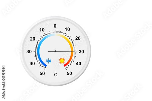 Circular celsius scale thermometer isolated on a white background. Ambient temperature plus 30 degrees celsius