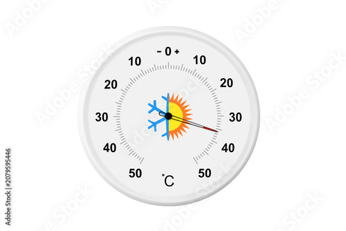 Circular celsius scale thermometer on a white background. Ambient temperature plus 36 degrees celsius