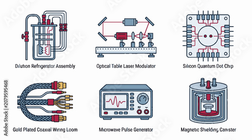 Set of six scientific laboratory equipment icons including dilution refrigerator optical laser modulator quantum chip wiring and pulse generator