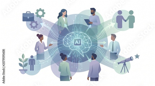 Diverse professionals collaborating around a glowing artificial intelligence digital brain interface for modern corporate business operations