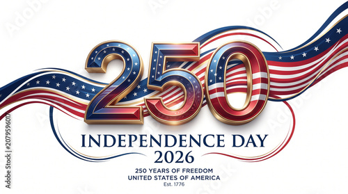 USA Semiquincentennial 250th Independence Day 2026 celebration, patriotic American flag 250 years of freedom logo, red white and blue anniversary banner