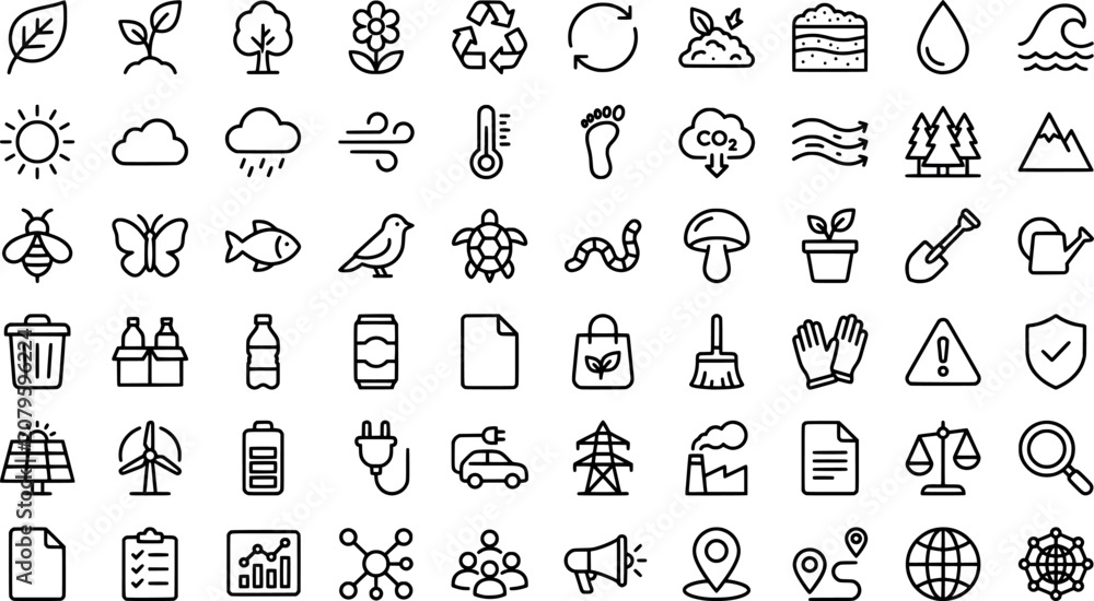 Naklejka premium Set of environmental and nature line icons, vector illustration transparent background