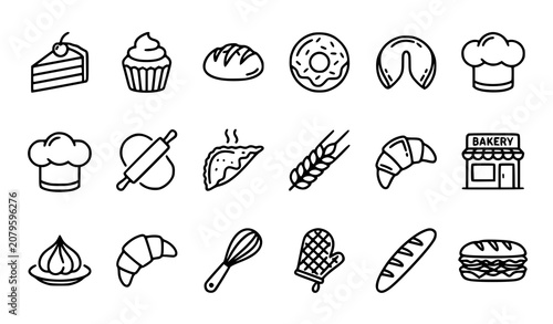 Cuadro en lienzo Modern Bakery Food Line Icon Set with Bread Cake Donut Chef Hat Croissant and Co