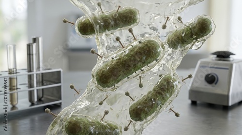 Clinical microbiology illustration showing Pseudomonas aeruginosa rods near bacteriophage particles, a translucent mucus barrier, masked receptor sites on the bacterial outer membrane, and stainless