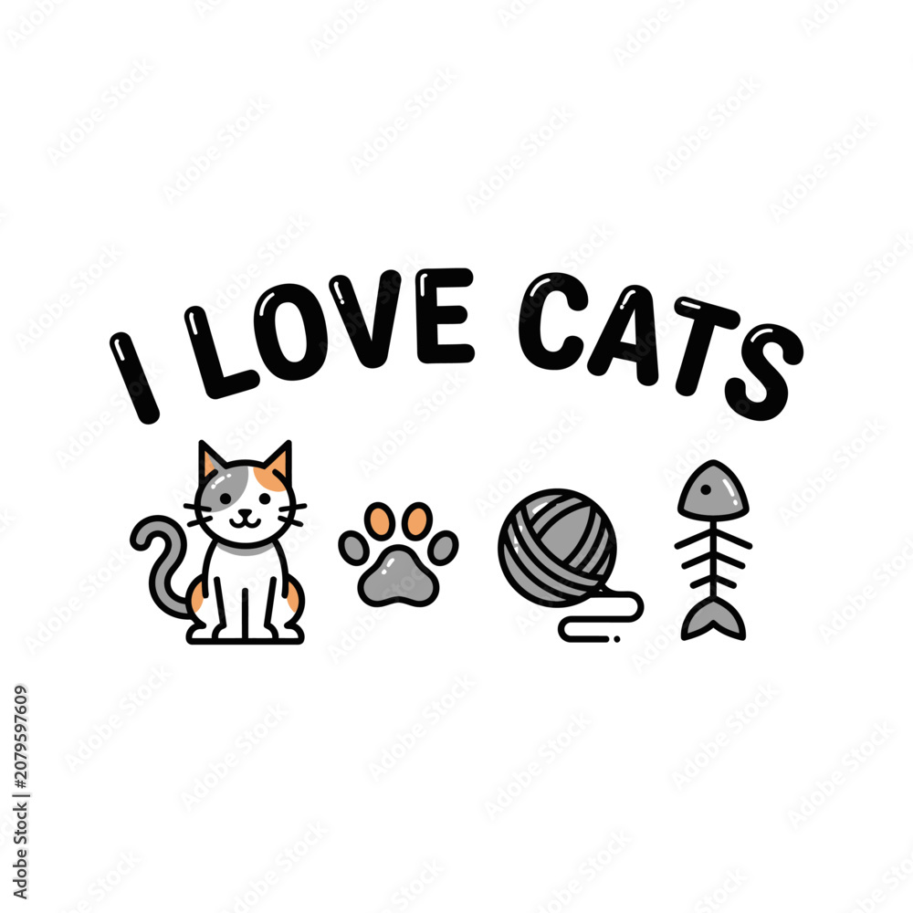 Fototapeta premium I Love Cats Cute Cartoon Vector Illustration with Pet Icons.