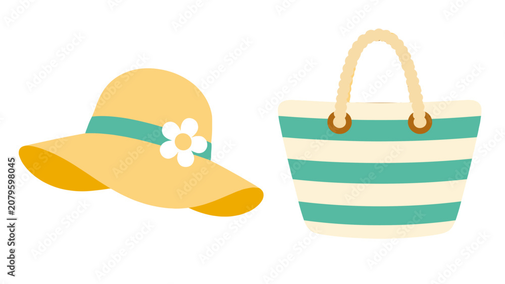 Fototapeta premium Summer hat and striped beach tote bag vector illustration