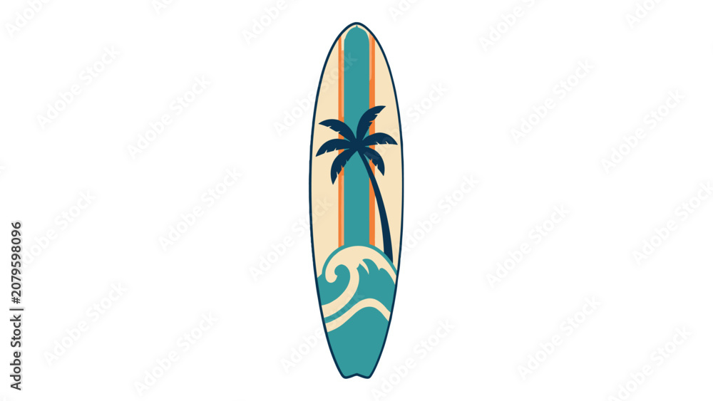 Fototapeta premium Retro surfboard with palm tree and wave graphic
