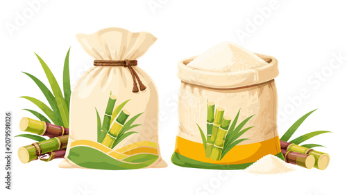 Foto Sugar bags with sugarcane and granulated sugar vector illustration