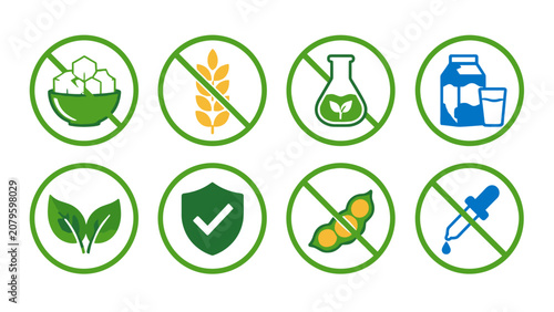 Set of food restriction and organic certification vector icons