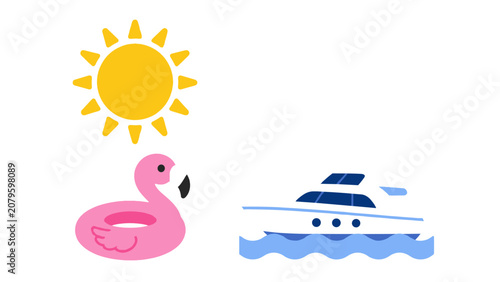 Konstfotografi Summer travel icons with sun cloud flamingo float and yacht