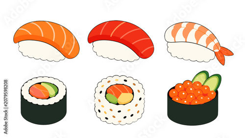 Fotografía Set of sushi and maki pieces in cartoon vector style