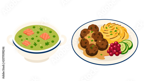 Quadro su tela Vector set of soup and meatballs with mashed potatoes