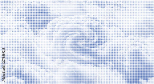 Obraz na płótnie Abstract blue and white halftone dot pattern creating textured clouds and atmospheric sky, generative art background