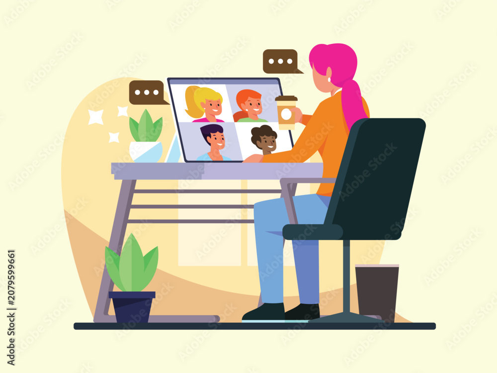 Fototapeta premium Woman in video call meeting with colleagues, working from home.