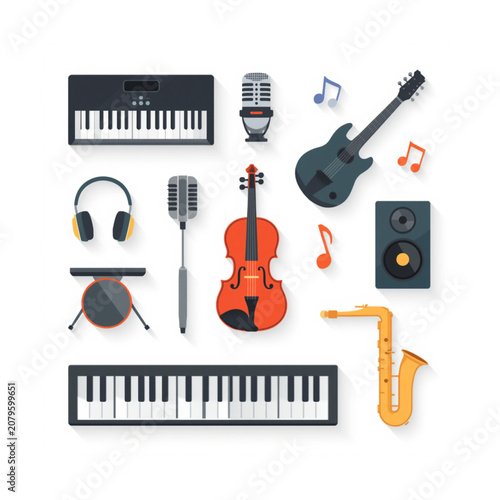 Audio Engineering and Concert Graphic Elements Set with Long Shadow