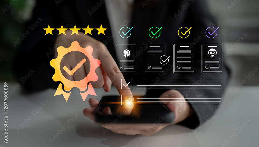 Fototapeta premium A business professional interacts with a smartphone, reviewing ratings and quality assurance certifications, emphasizing success and effectiveness in modern communication. Cyphers