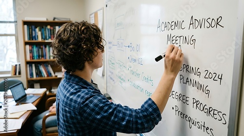 Student writing academic advisor meeting notes on whiteboard for spring 2024 planning session