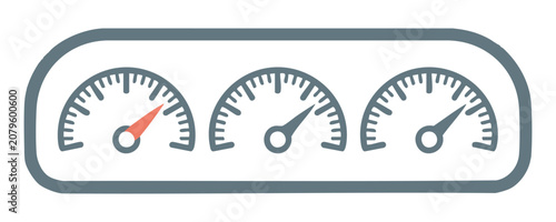 Automotive dashboard icon showing three gauges with needles measuring performance or speed.