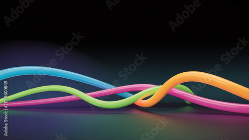 Wavy neon colored tubes in blue green pink and orange on dark surface