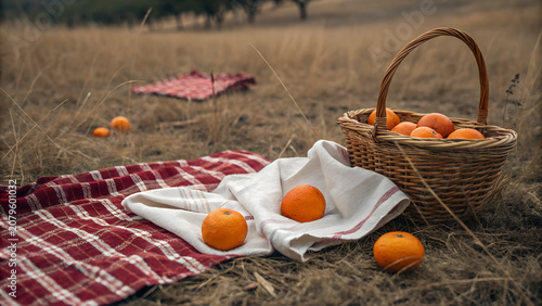 Fresh Oranges in Woven Wicker Basket in Garden with Natural Sunlight