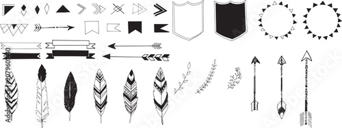 Bohemian style arrows feathers ribbons banners shields and tribal geometric elements.